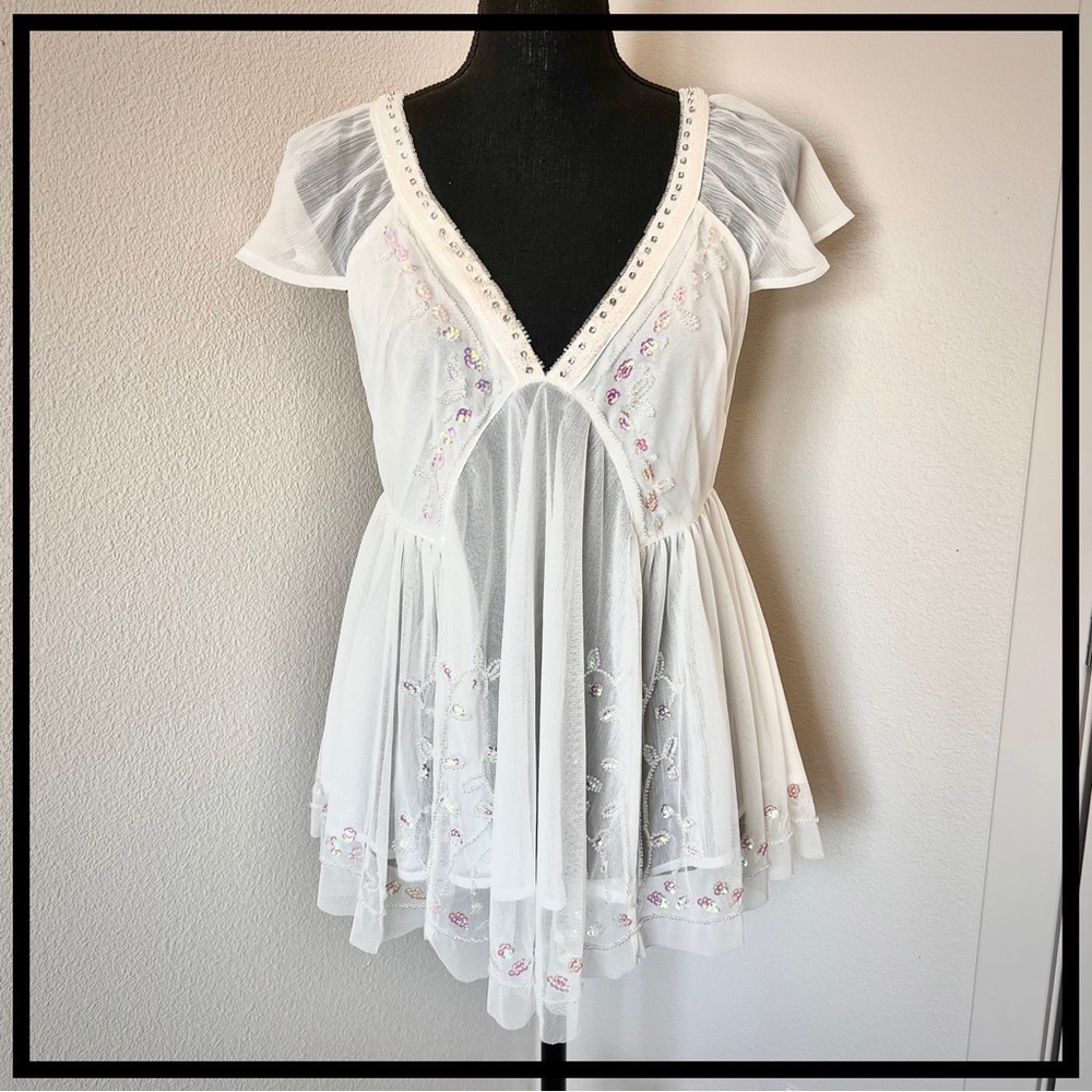 • Altar’d State White Sheer Bead Sequin Rhinestone Babydoll Blouse •